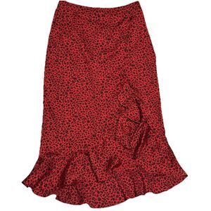 Blu Pepper Small Skirt Red Animal Cheetah Print Ruffle Front Slit Salsa Dance